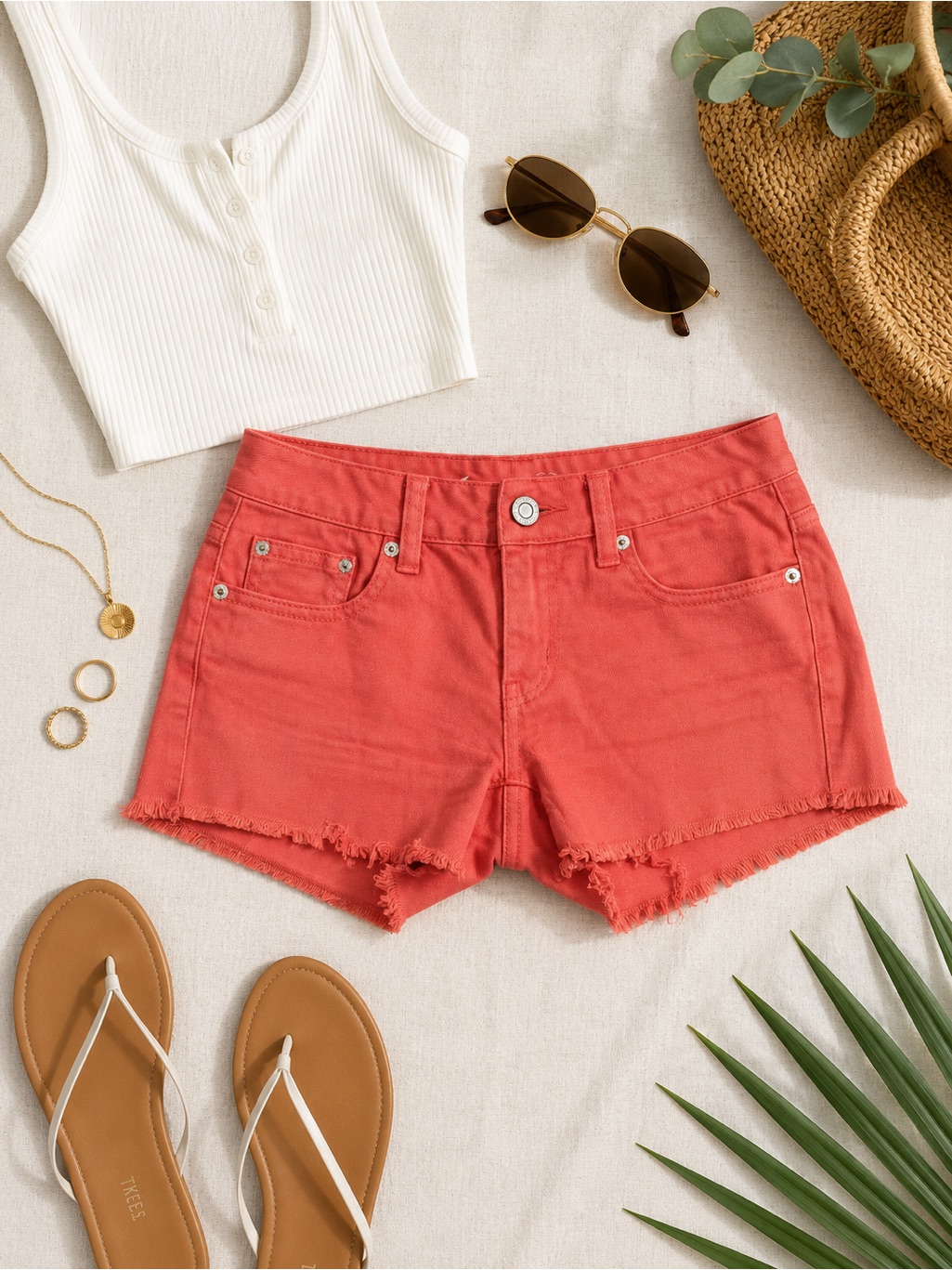 American Eagle Outfitters Coral Red Frayed Hem Jean Shorts